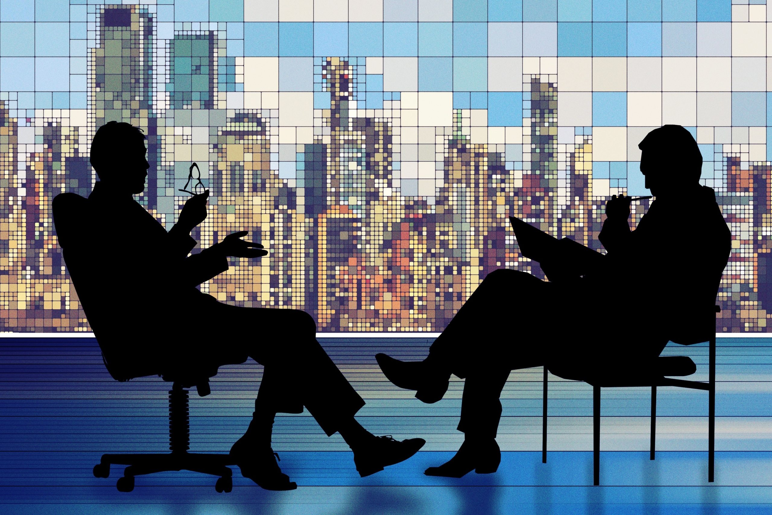 Illustration Of A Silhouette Of Two Businessmen Having A Meeting With A Cityscape In The Background Illustration Of A Silhouette Of Two Businessmen Having A Meeting With A Cityscape In The Background
